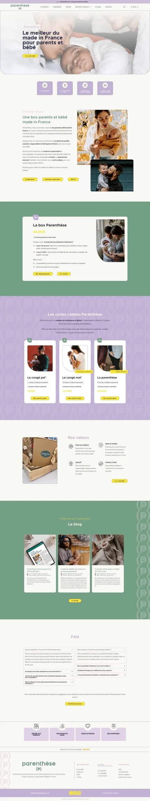 Création de site e-commerce Parenthèse Box abonnement de box pour les parents, maquette